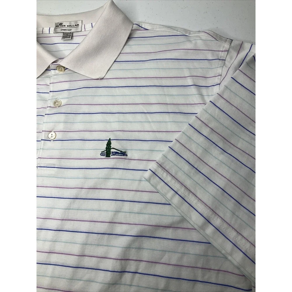 Peter Millar Polo Shirt Golf Mountain Lake Club Crown Ease Striped Embroidered L